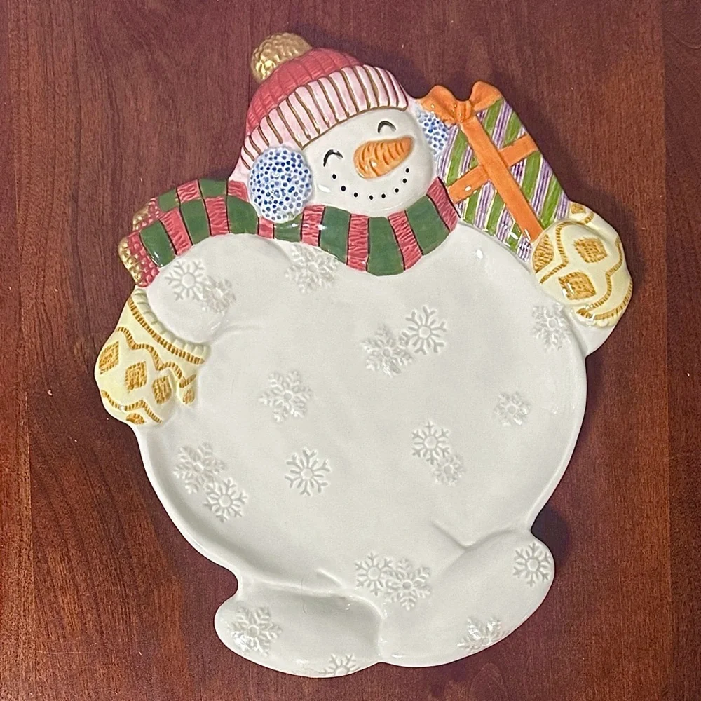 Vintage Fitz and Floyd Frosty Folks Canape Plate Snowman Dish In Box EUC